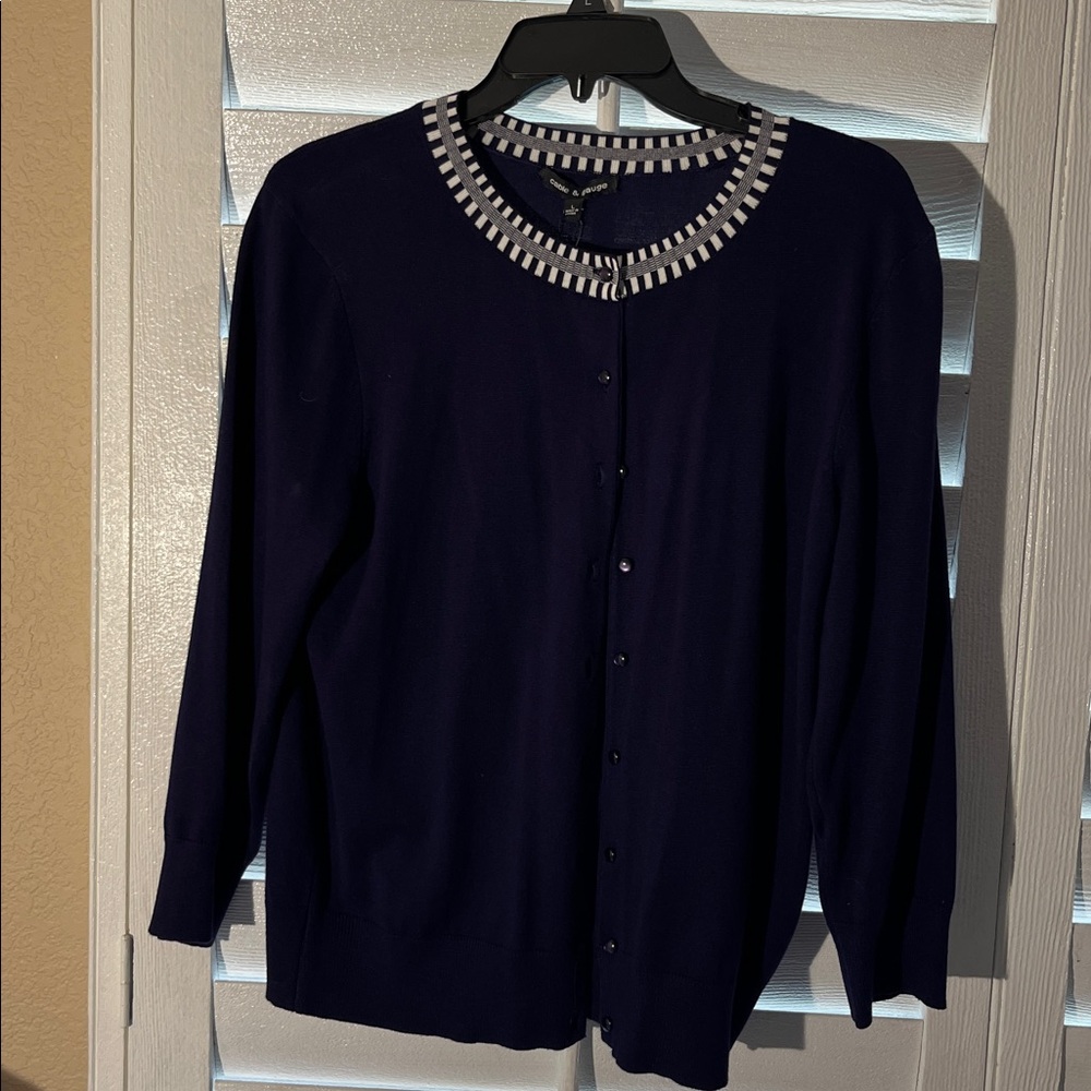 Cable & Gauge Navy Sweater with Striped Trim